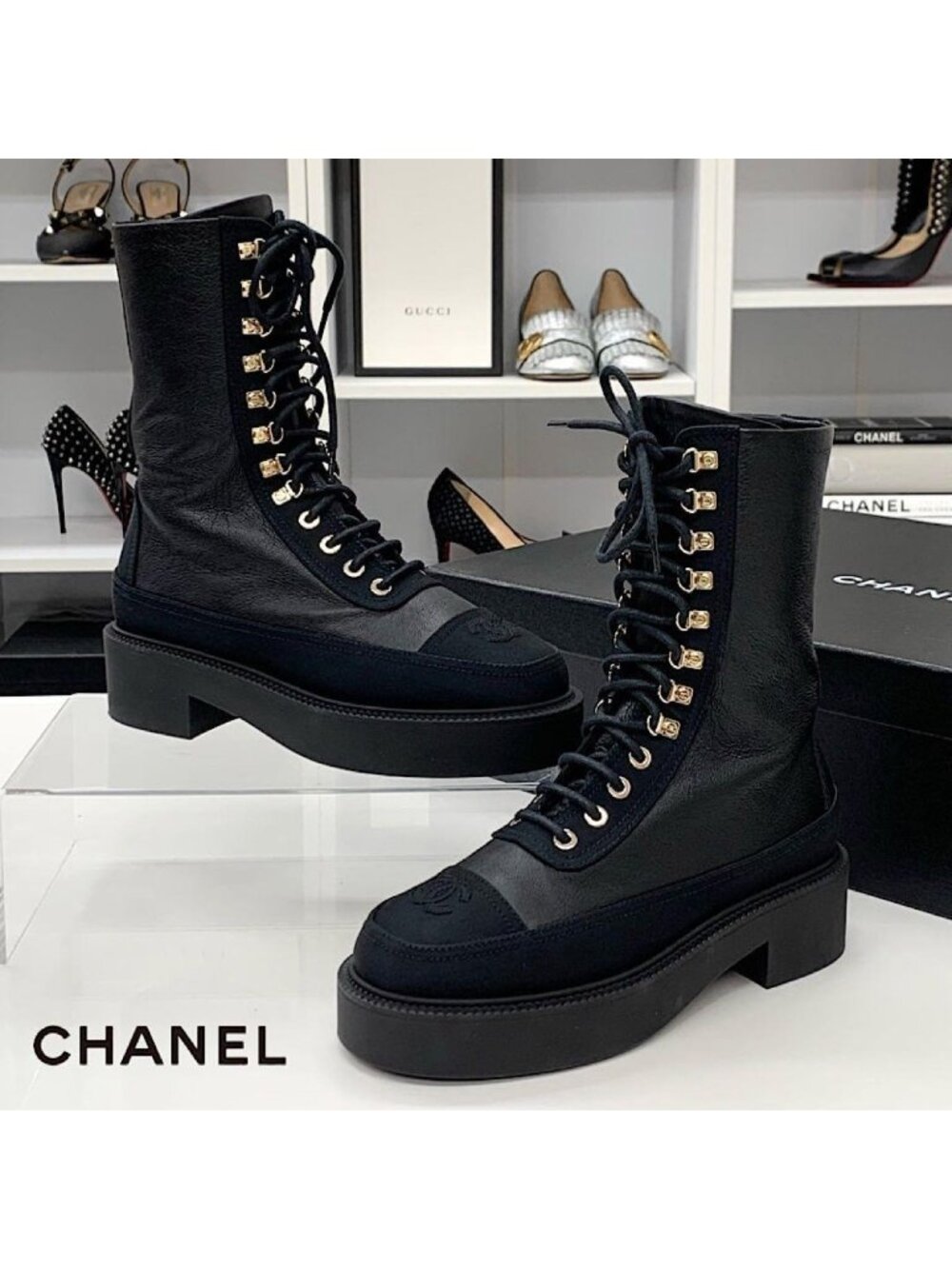 Chanel Calfskin Coco Mark Lace Up Short Boots Black - Picture 1 of 11